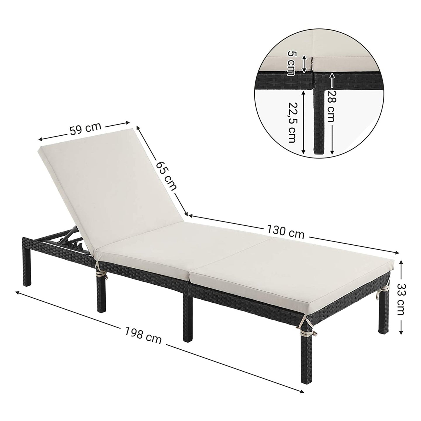 Sunbed - Rattan-Like Surface - Smoky Grey and Black - Reclining Backrest with 5 cm Thick Mattress