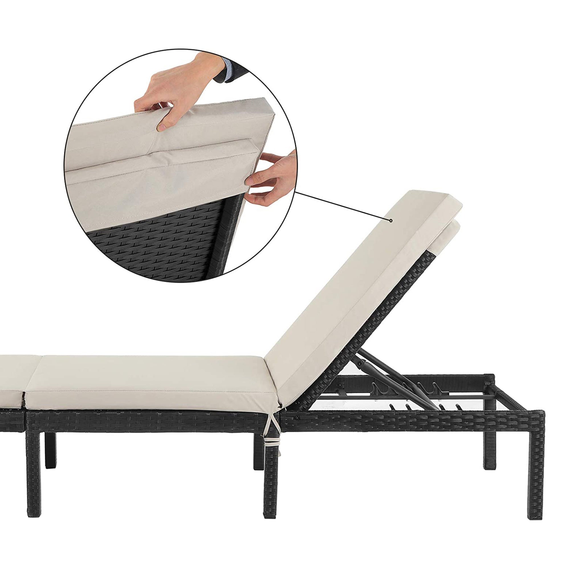 Sunbed - Rattan-Like Surface - Smoky Grey and Black - Reclining Backrest with 5 cm Thick Mattress