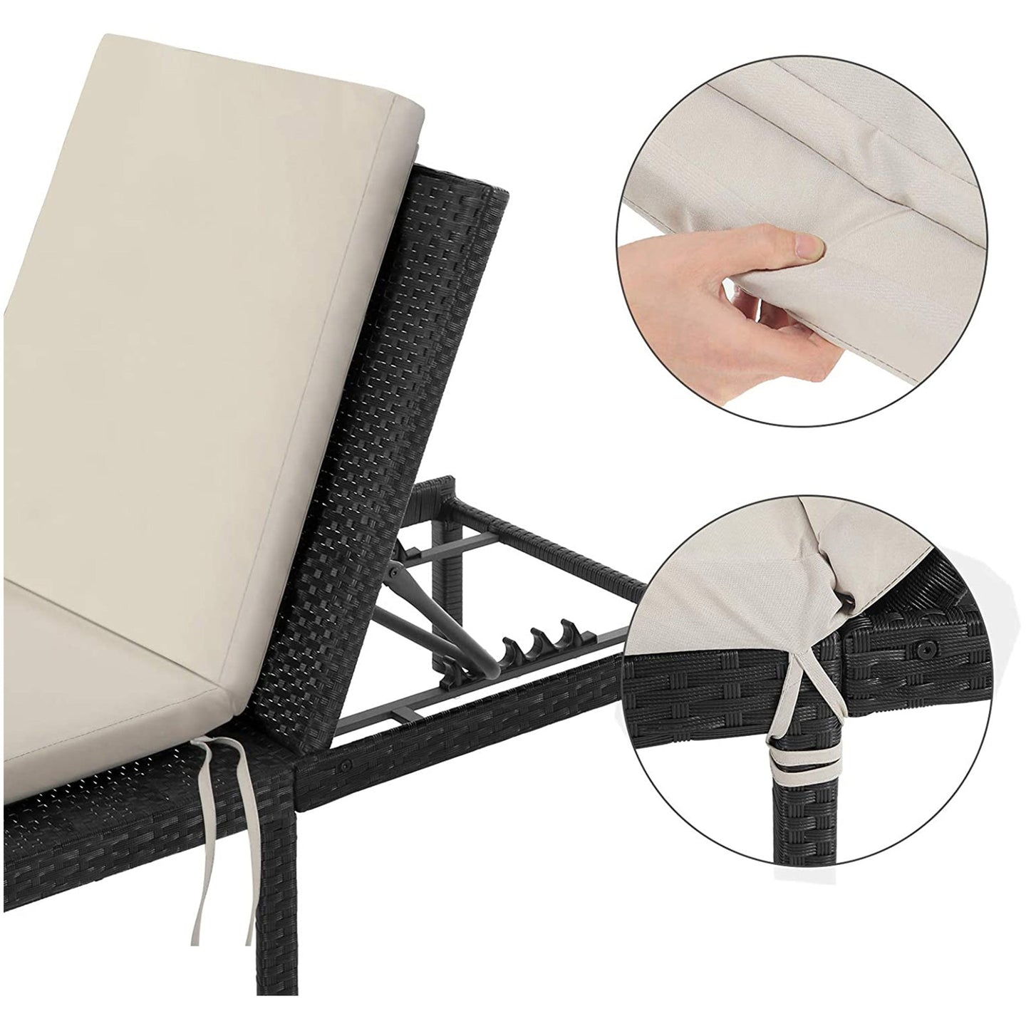 Sunbed - Rattan-Like Surface - Smoky Grey and Black - Reclining Backrest with 5 cm Thick Mattress