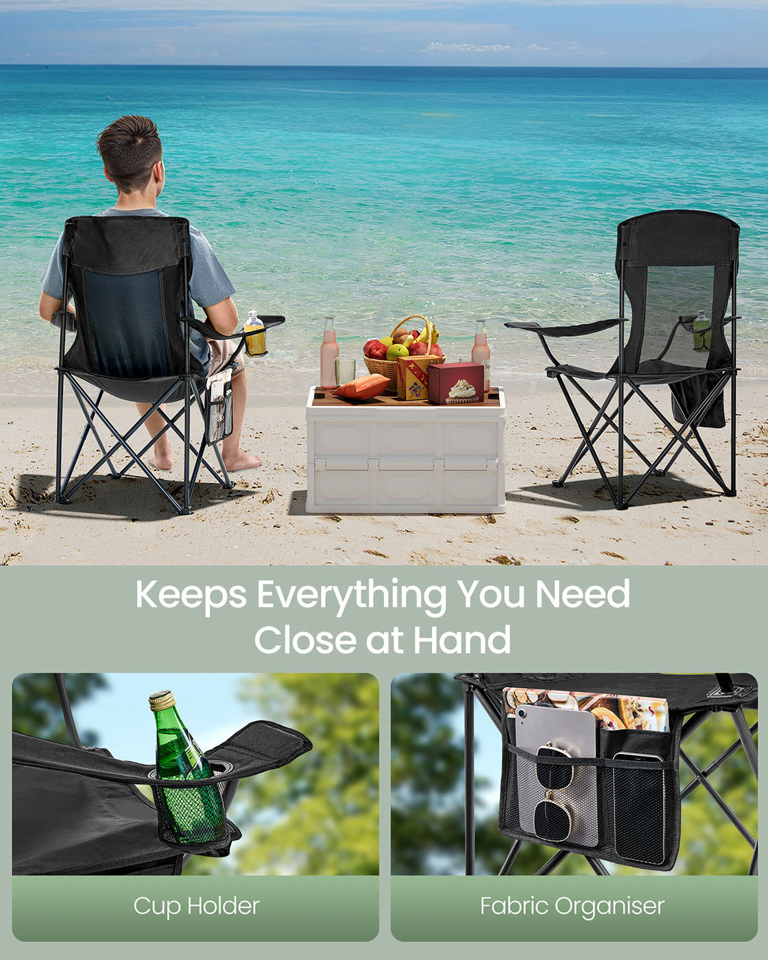 Camping Chairs Set of 2 - Fabric - Ink Black - High Backrest