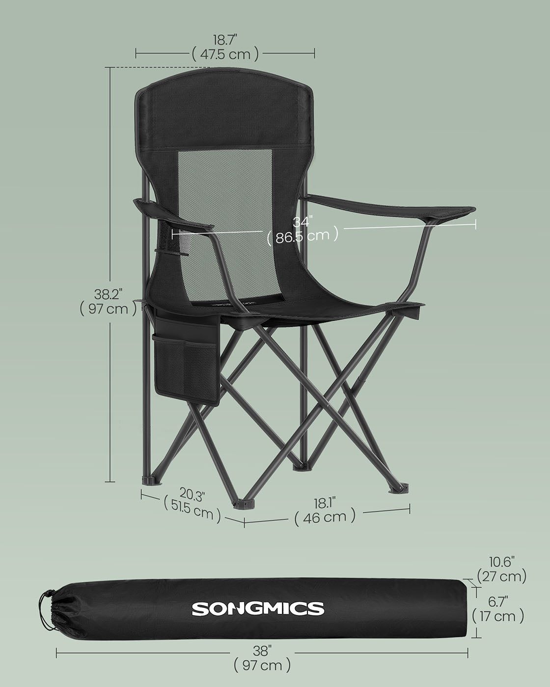 Camping Chairs Set of 2 - Fabric - Ink Black - High Backrest