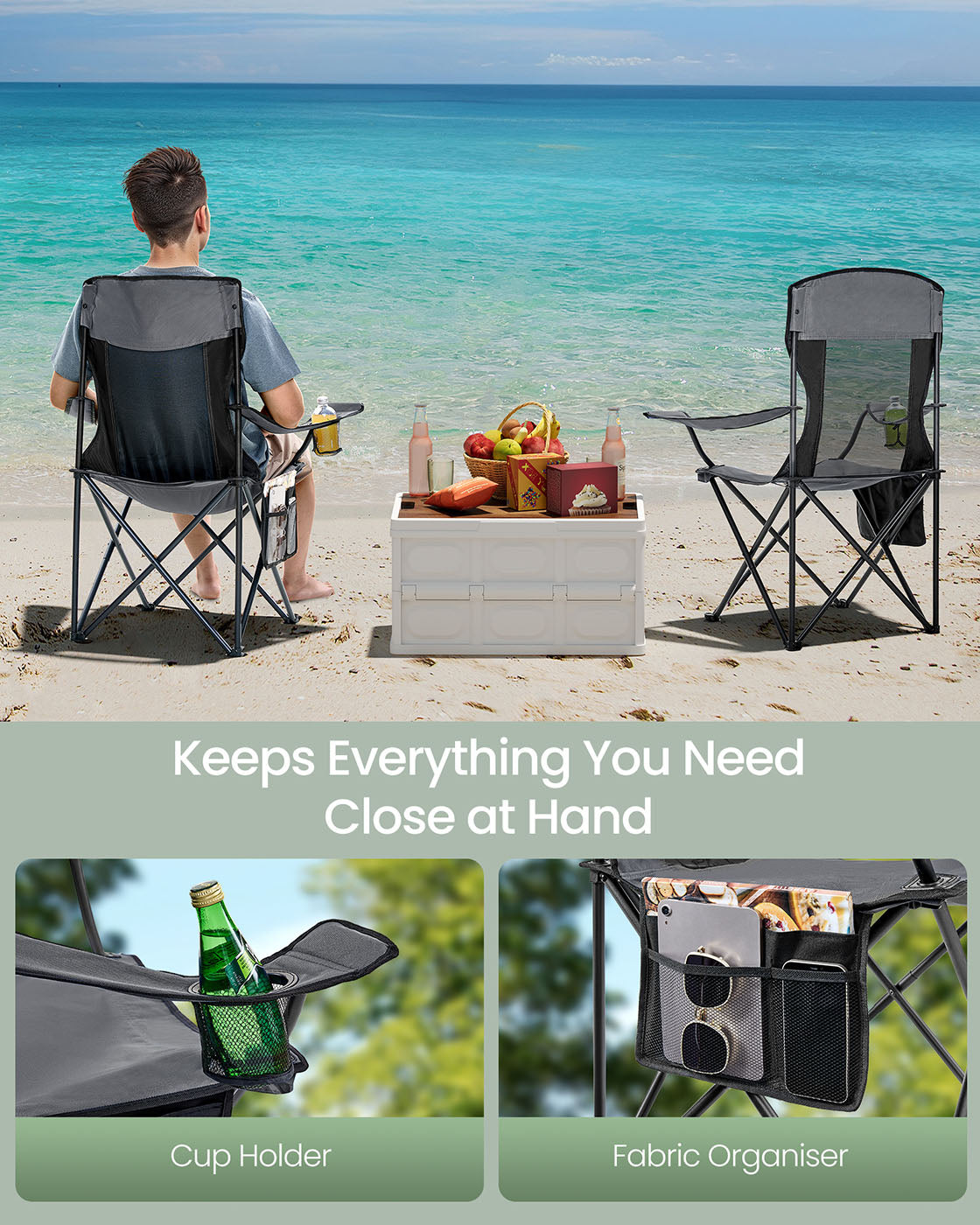 Camping Chairs Set of 2 - Fabric - Slate Grey - High Backrest
