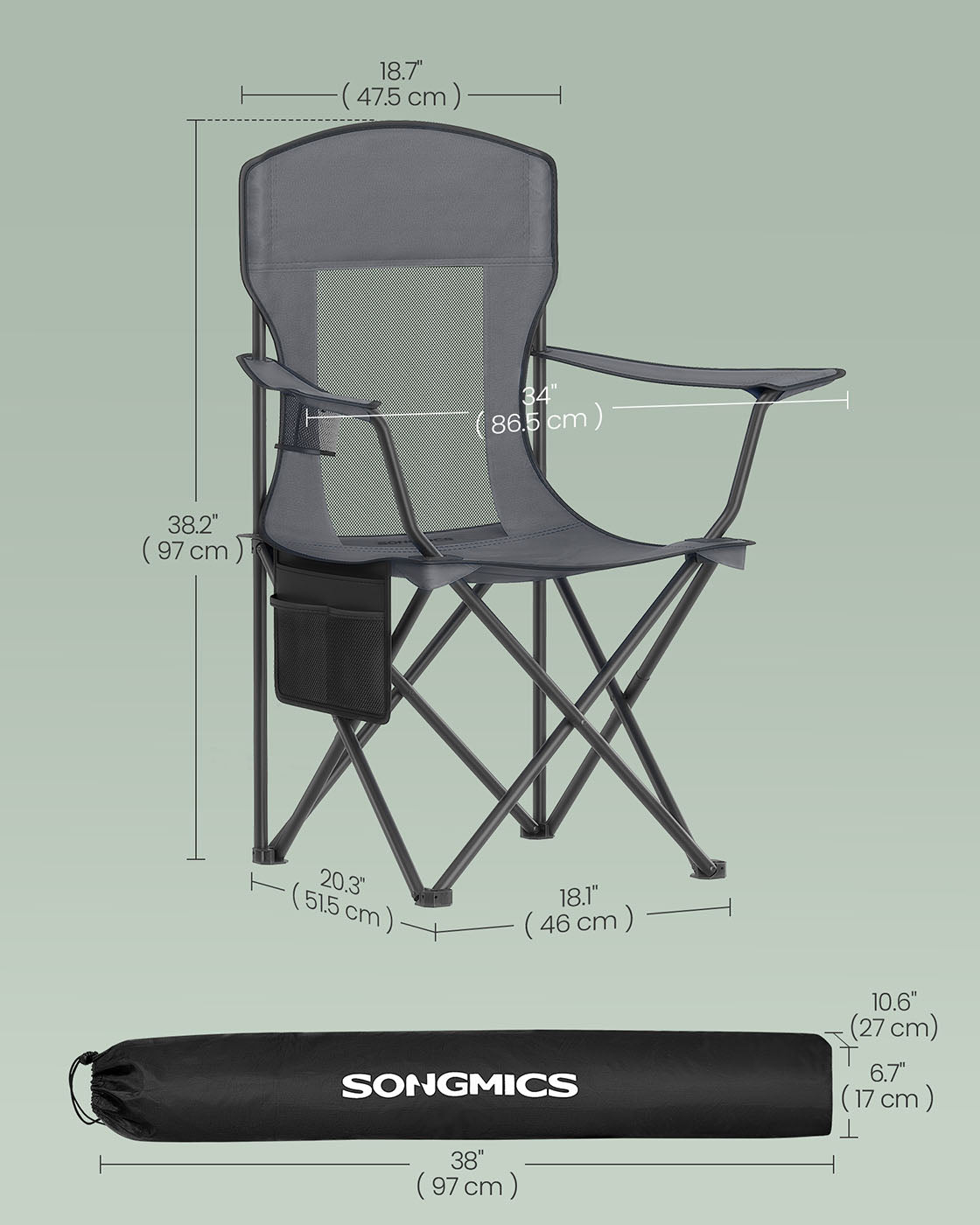 Camping Chairs Set of 2 - Fabric - Slate Grey - High Backrest