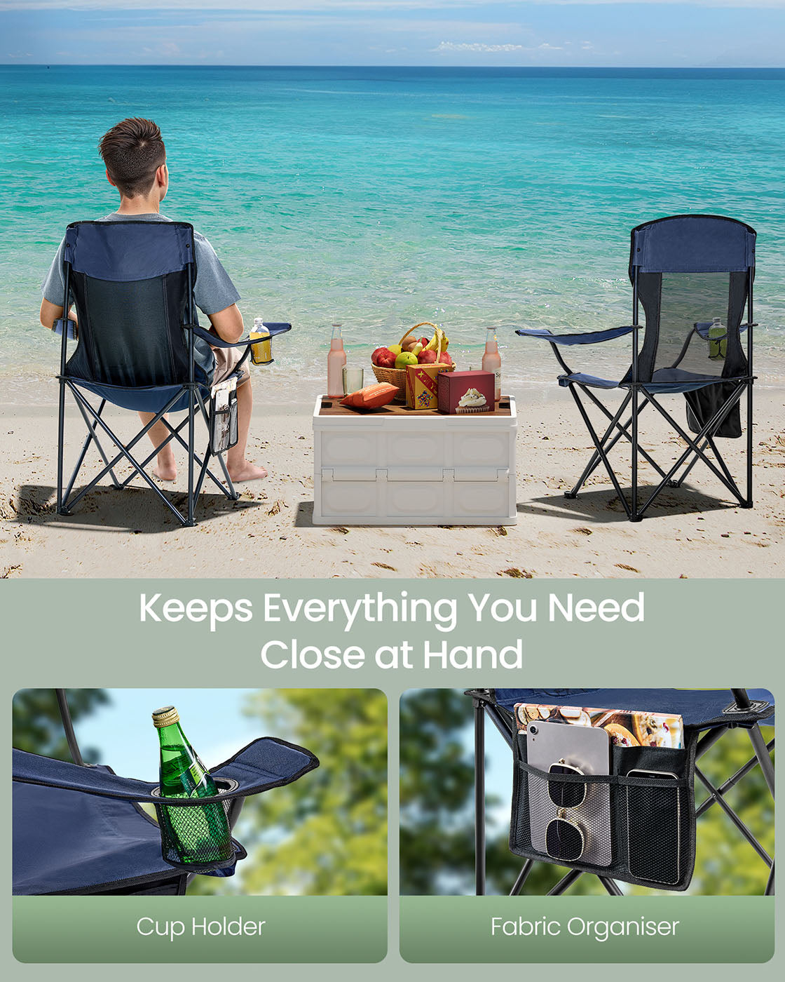 Camping Chairs Set of 2 - Fabric - Harbor Blue - High Backrest