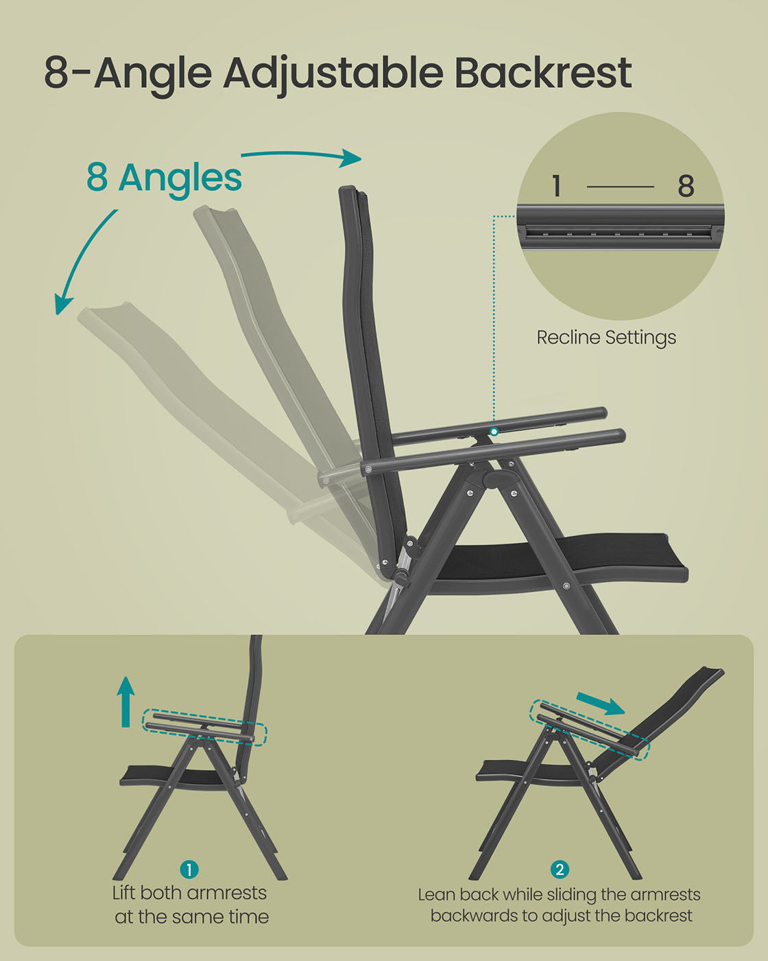 Folding Garden Chair - Durable Aluminum - Grey - 8-Angle Reclining Backrest