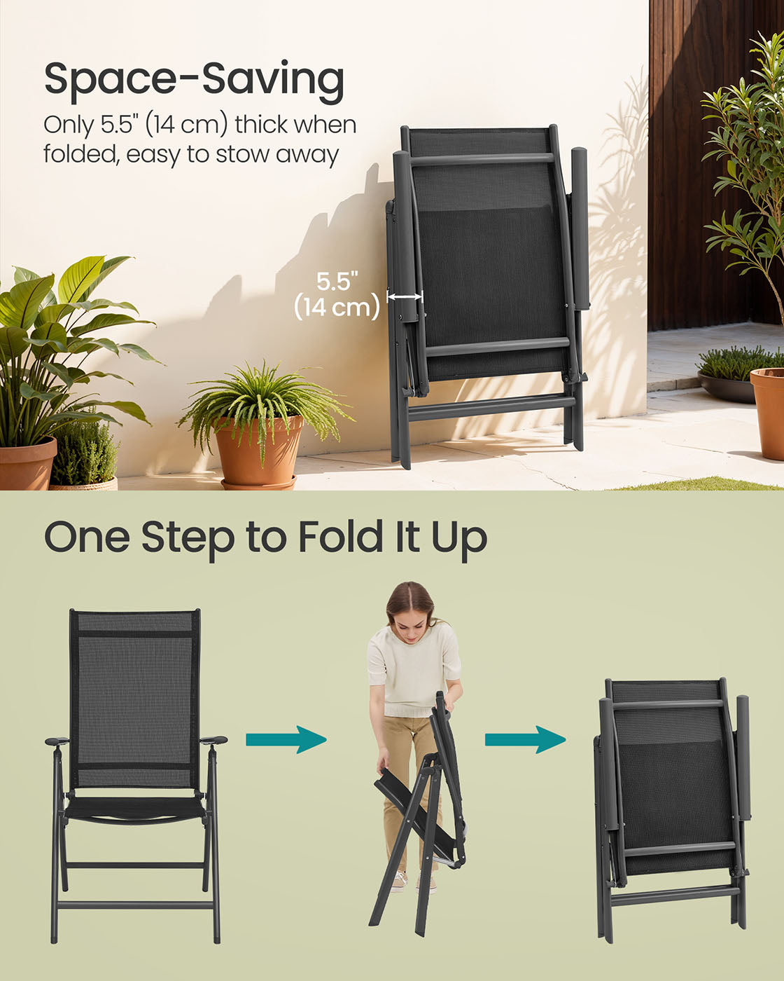 Folding Garden Chair - Durable Aluminum - Grey - 8-Angle Reclining Backrest