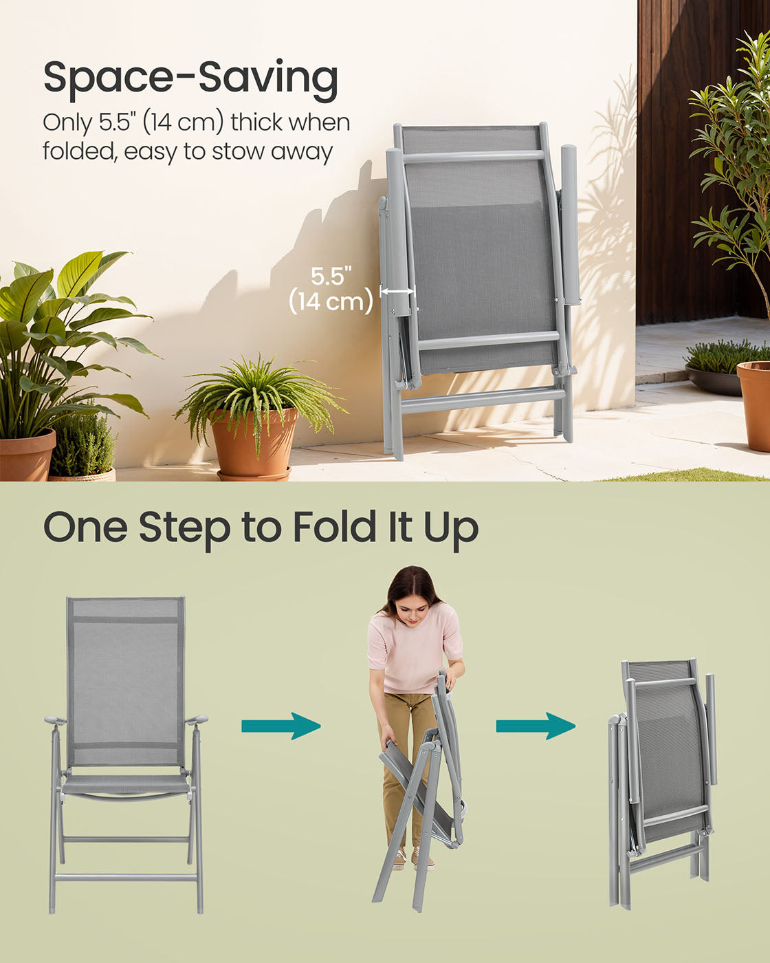 Folding Garden Chair - Aluminum - Grey - 8-Angle Reclining Backrest