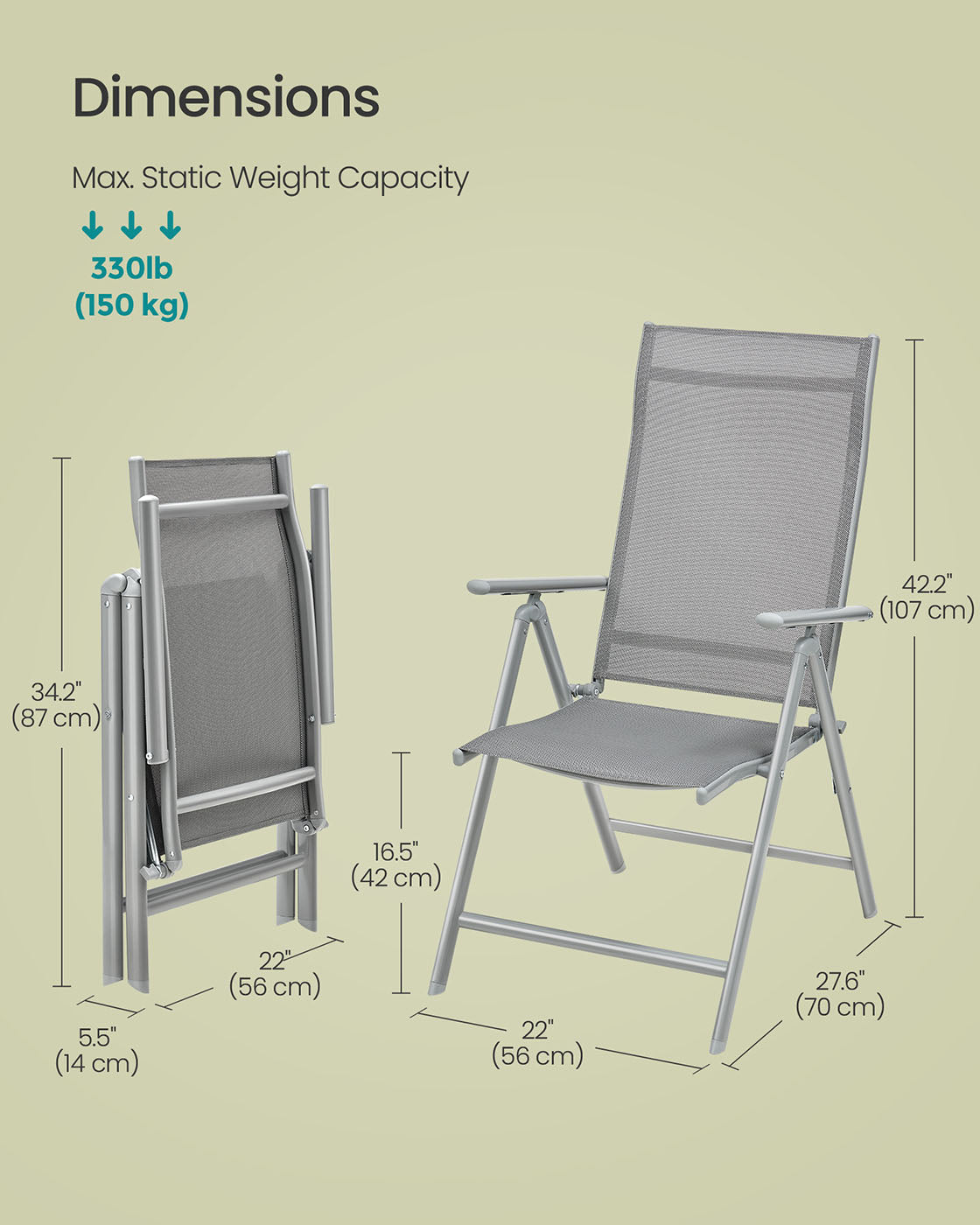 Folding Garden Chair - Aluminum - Grey - 8-Angle Reclining Backrest