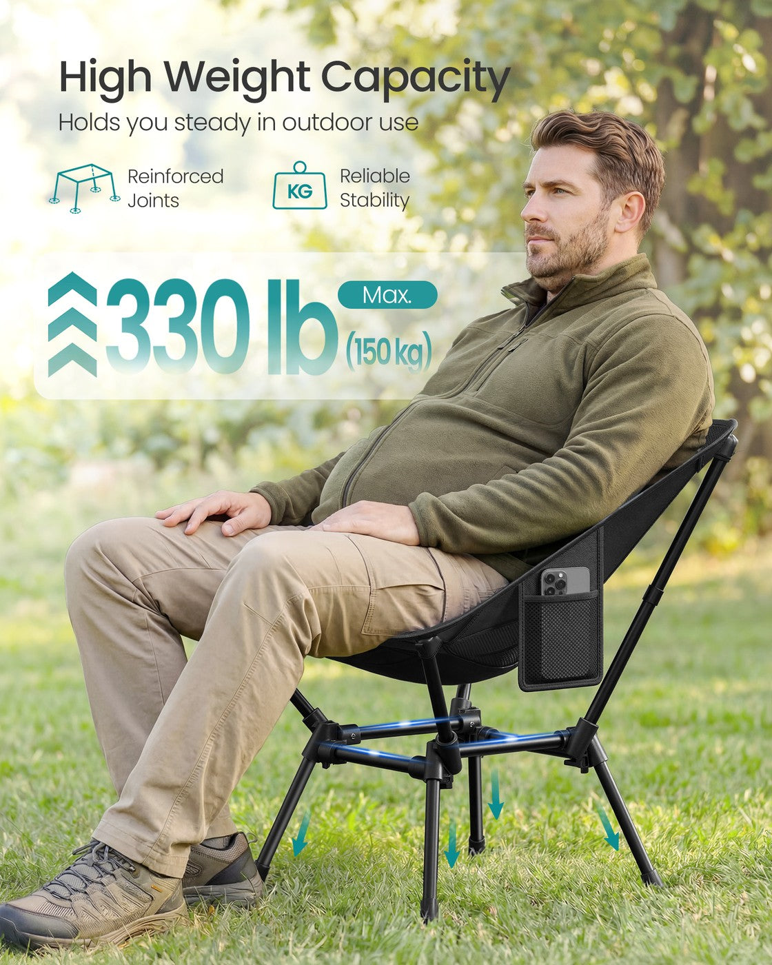 Camping Chair Supports 2 Storage Pockets - Plastic and Steel - Black