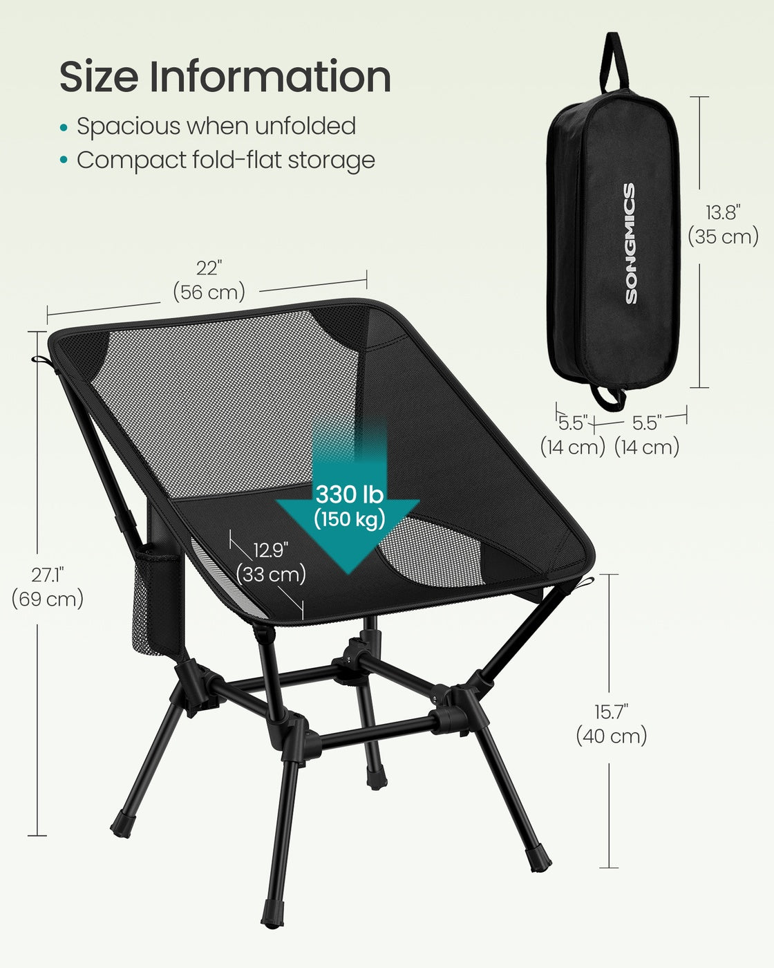 Camping Chair Supports 2 Storage Pockets - Plastic and Steel - Black