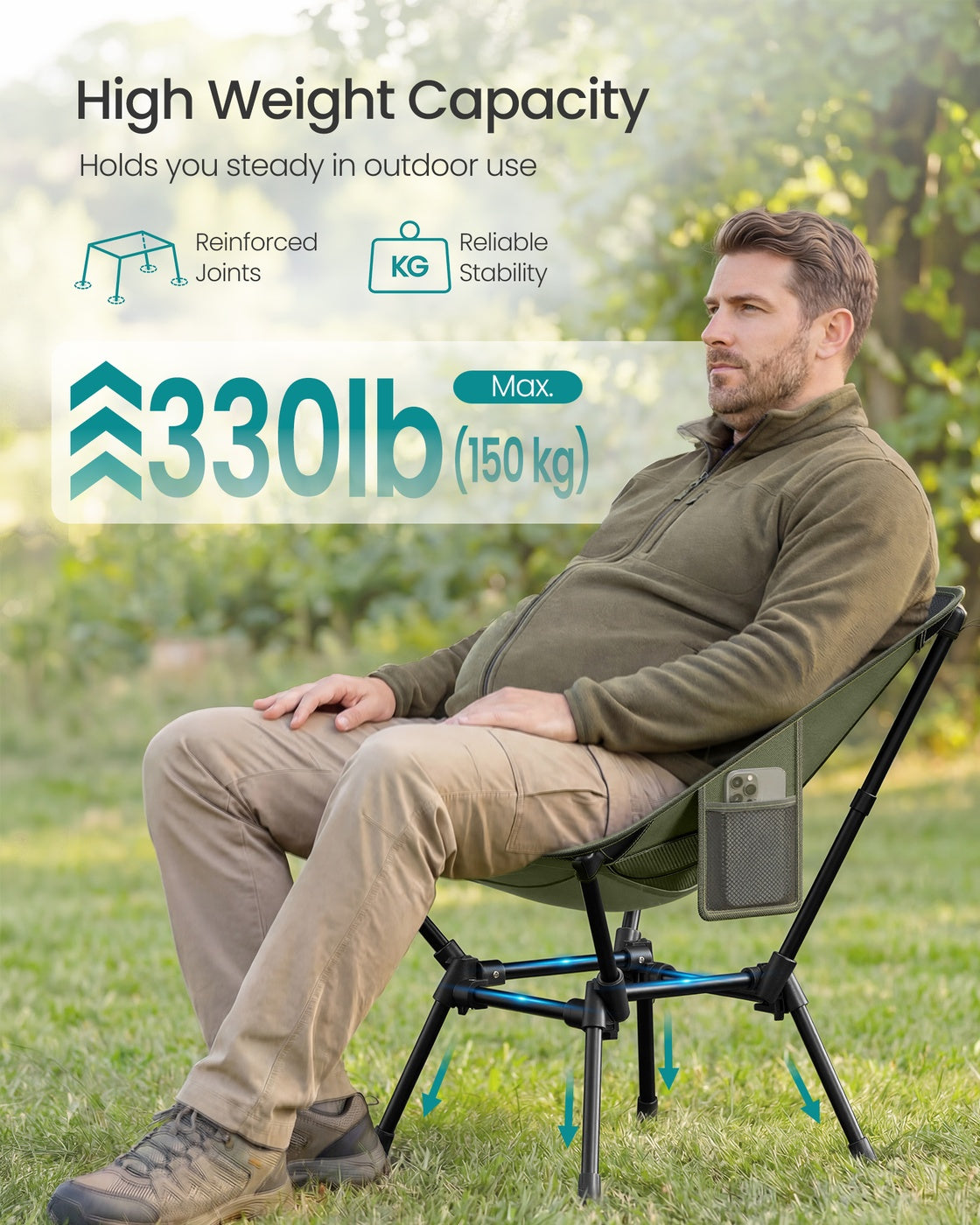 Camping Chair Supports 2 Storage Pockets - Plastic and Steel - Green