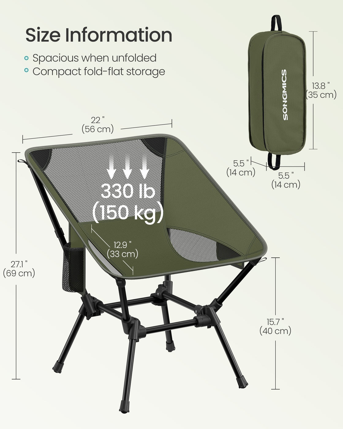 Camping Chair Supports 2 Storage Pockets - Plastic and Steel - Green