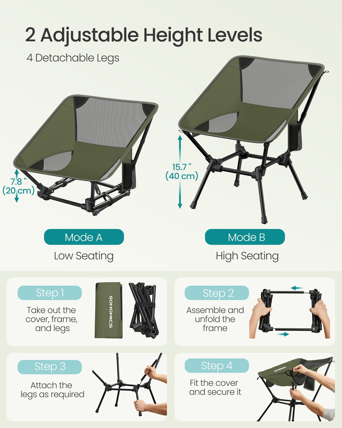 Camping Chair Supports 2 Storage Pockets - Plastic and Steel - Green