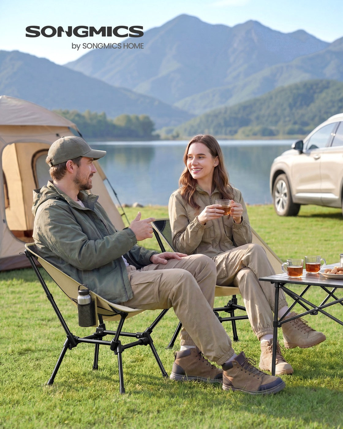 Camping Chair Supports 2 Storage Pockets - Steel - Brown
