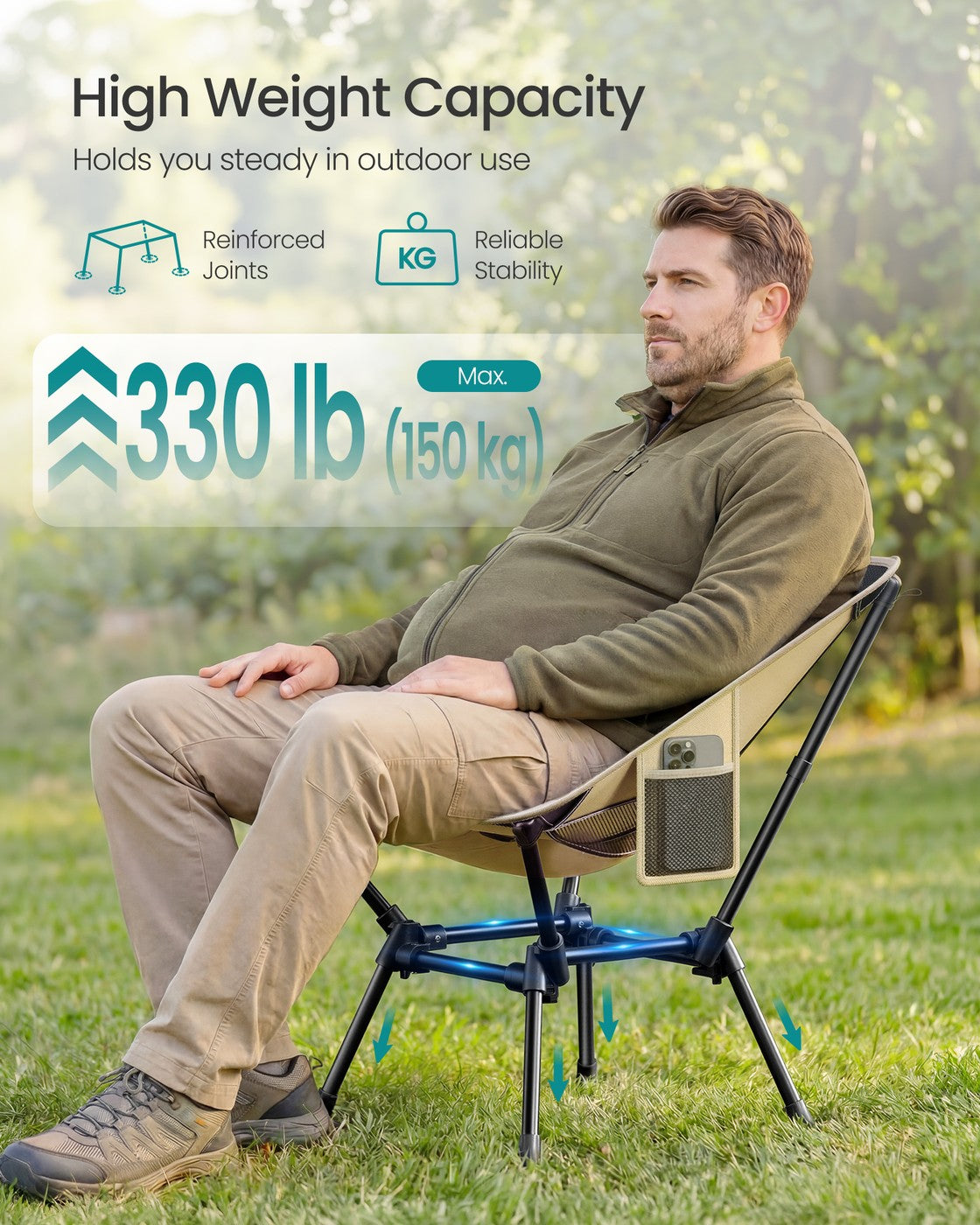 Camping Chair Supports 2 Storage Pockets - Steel - Brown