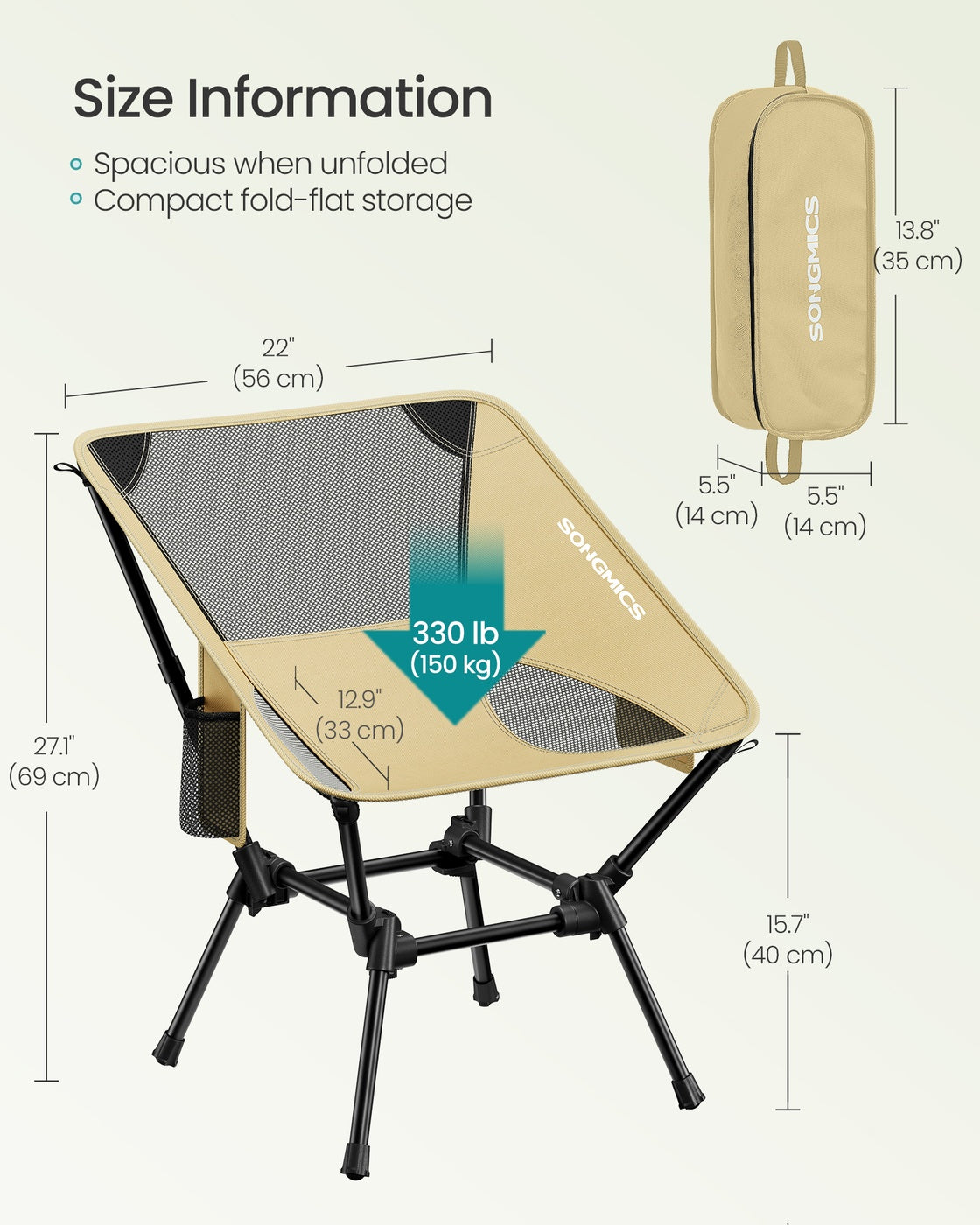 Camping Chair Supports 2 Storage Pockets - Steel - Brown
