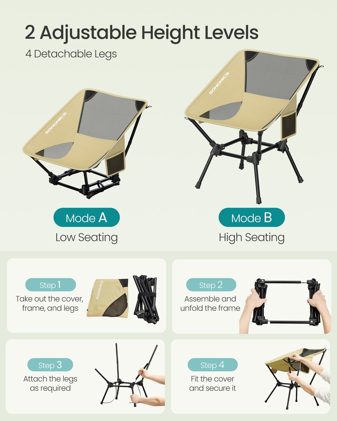 Camping Chair Supports 2 Storage Pockets - Steel - Brown