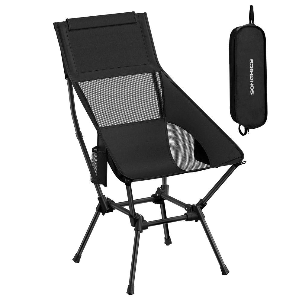 High Back Camping Chair Adjustable Height 2 Pockets - Plastic and Steel - Black