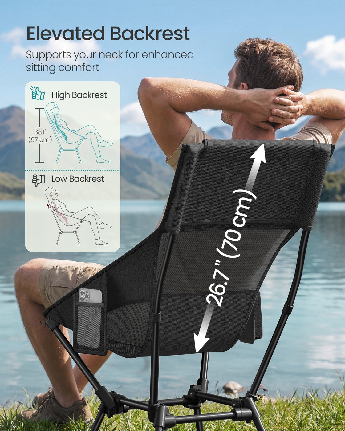 High Back Camping Chair Adjustable Height 2 Pockets - Plastic and Steel - Black