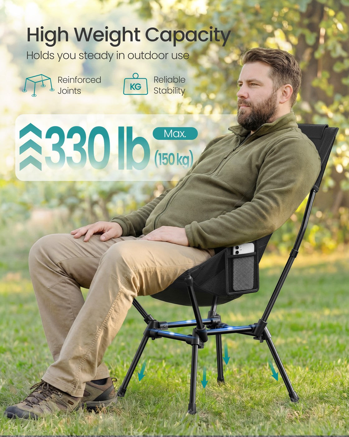 High Back Camping Chair Adjustable Height 2 Pockets - Plastic and Steel - Black