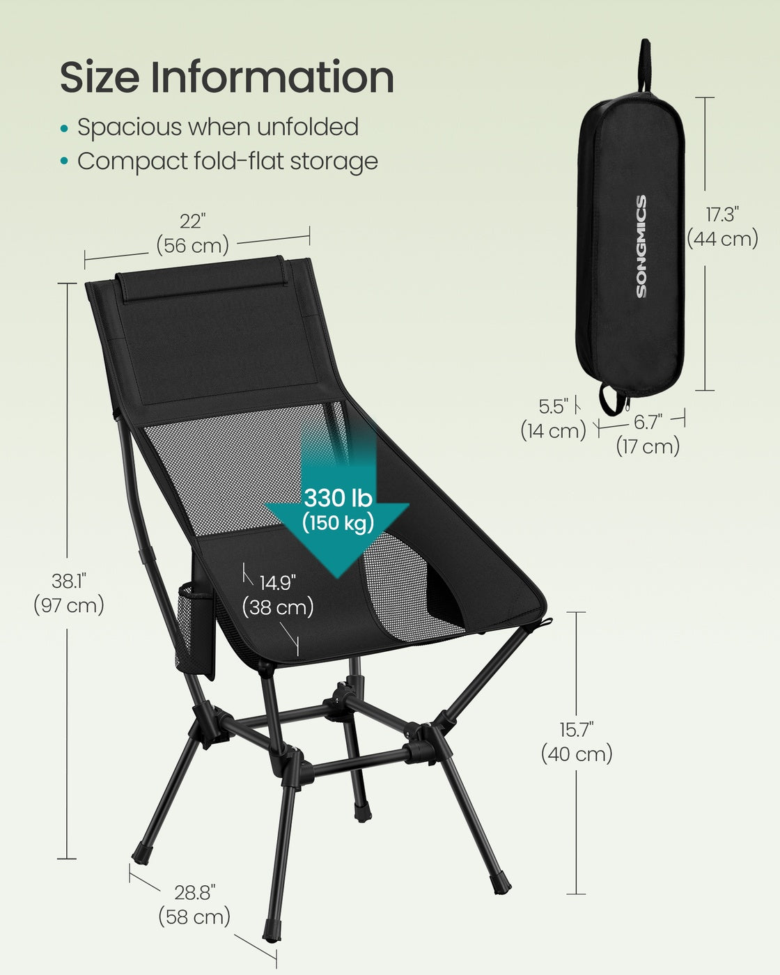 High Back Camping Chair Adjustable Height 2 Pockets - Plastic and Steel - Black