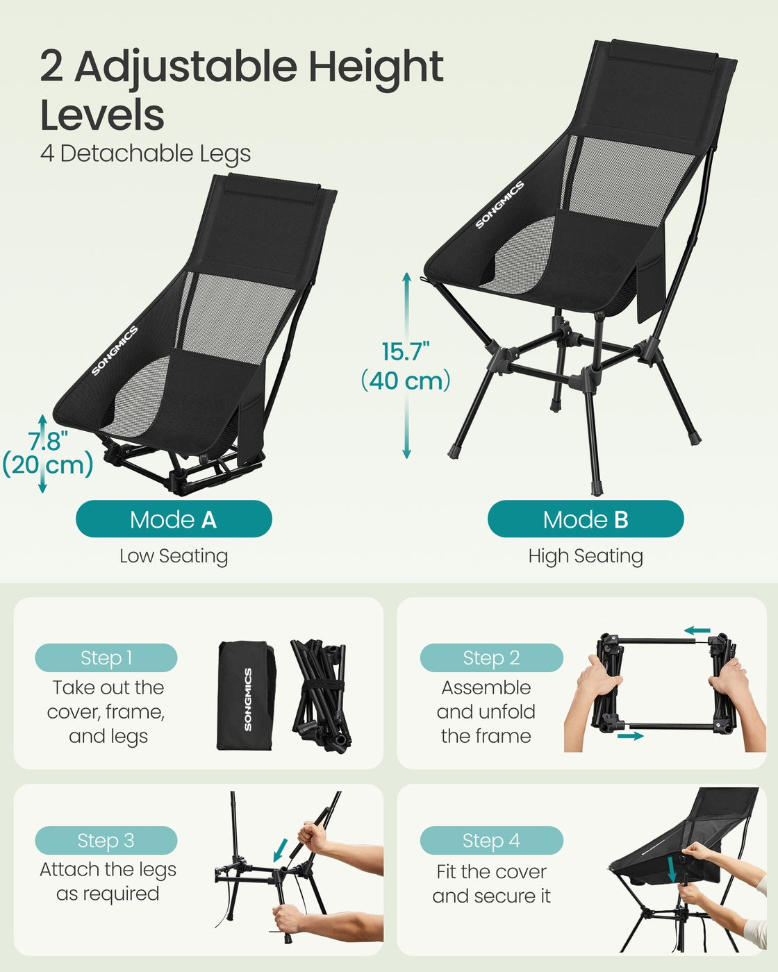 High Back Camping Chair Adjustable Height 2 Pockets - Plastic and Steel - Black