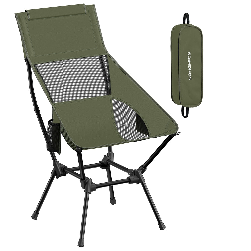 High Back Camping Chair Adjustable Height 2 Pockets - Plastic and Steel - Green