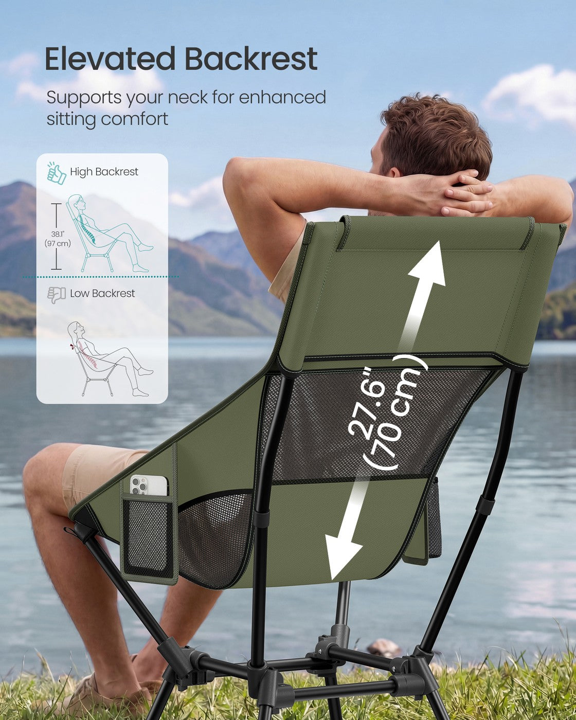 High Back Camping Chair Adjustable Height 2 Pockets - Plastic and Steel - Green