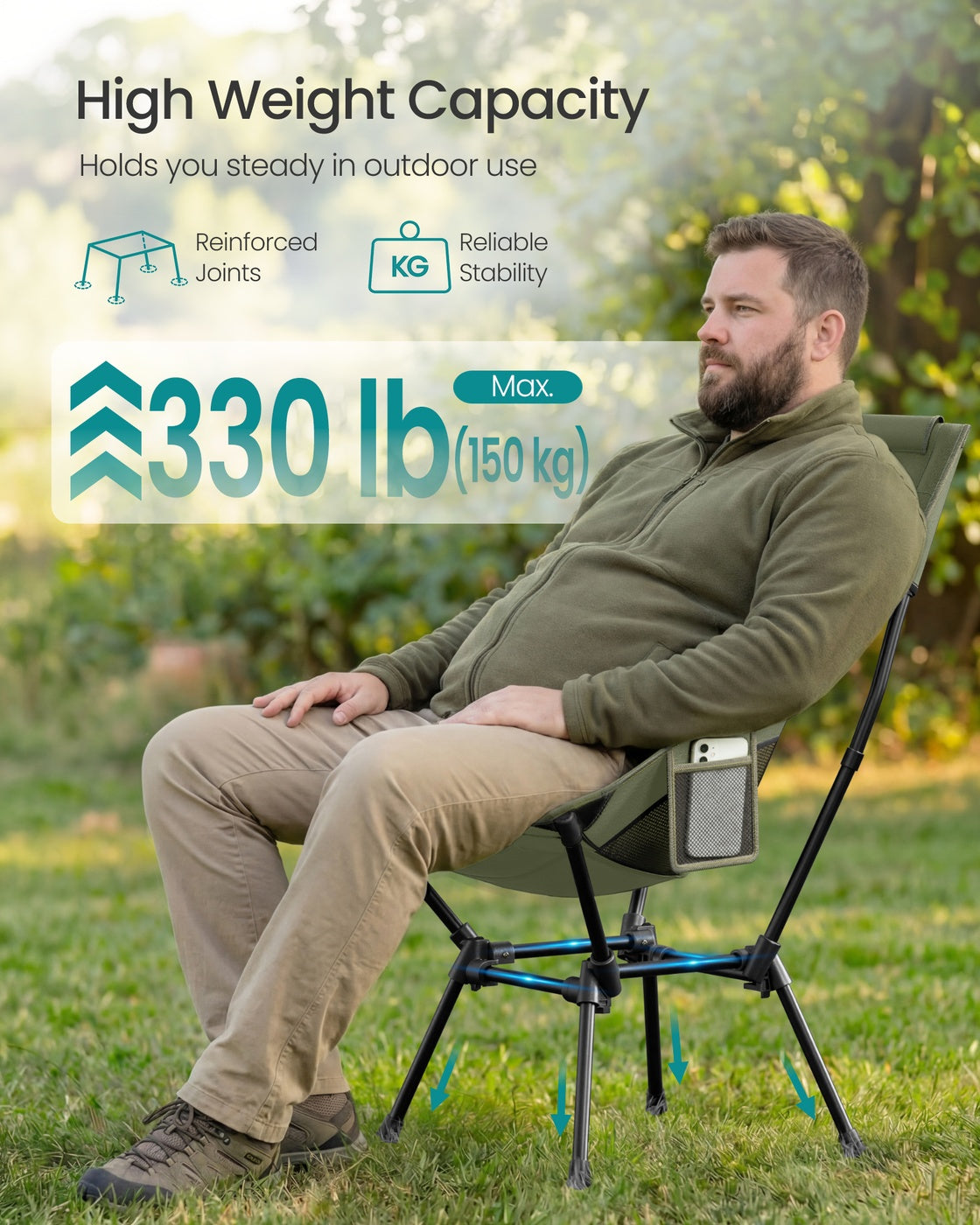 High Back Camping Chair Adjustable Height 2 Pockets - Plastic and Steel - Green