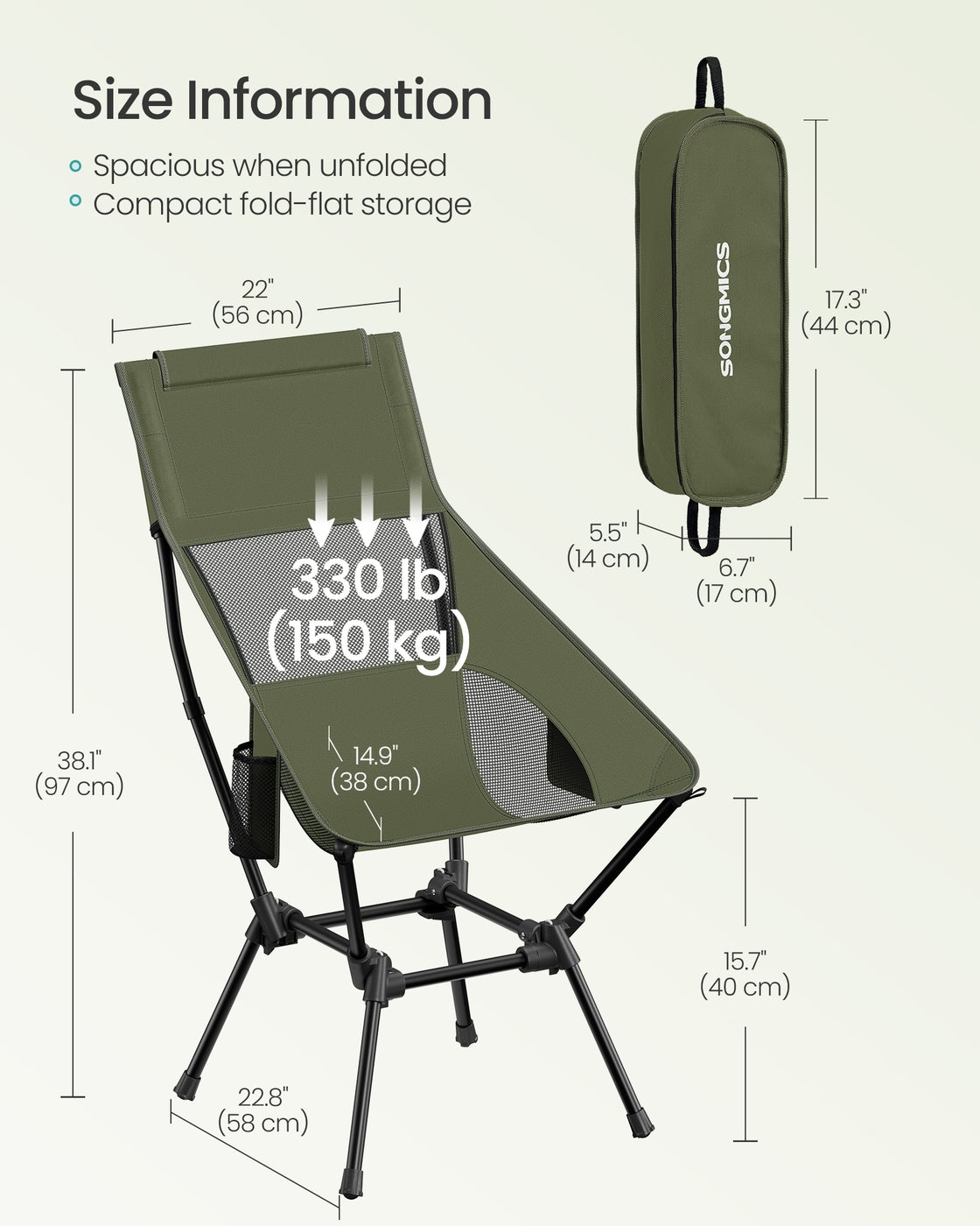 High Back Camping Chair Adjustable Height 2 Pockets - Plastic and Steel - Green