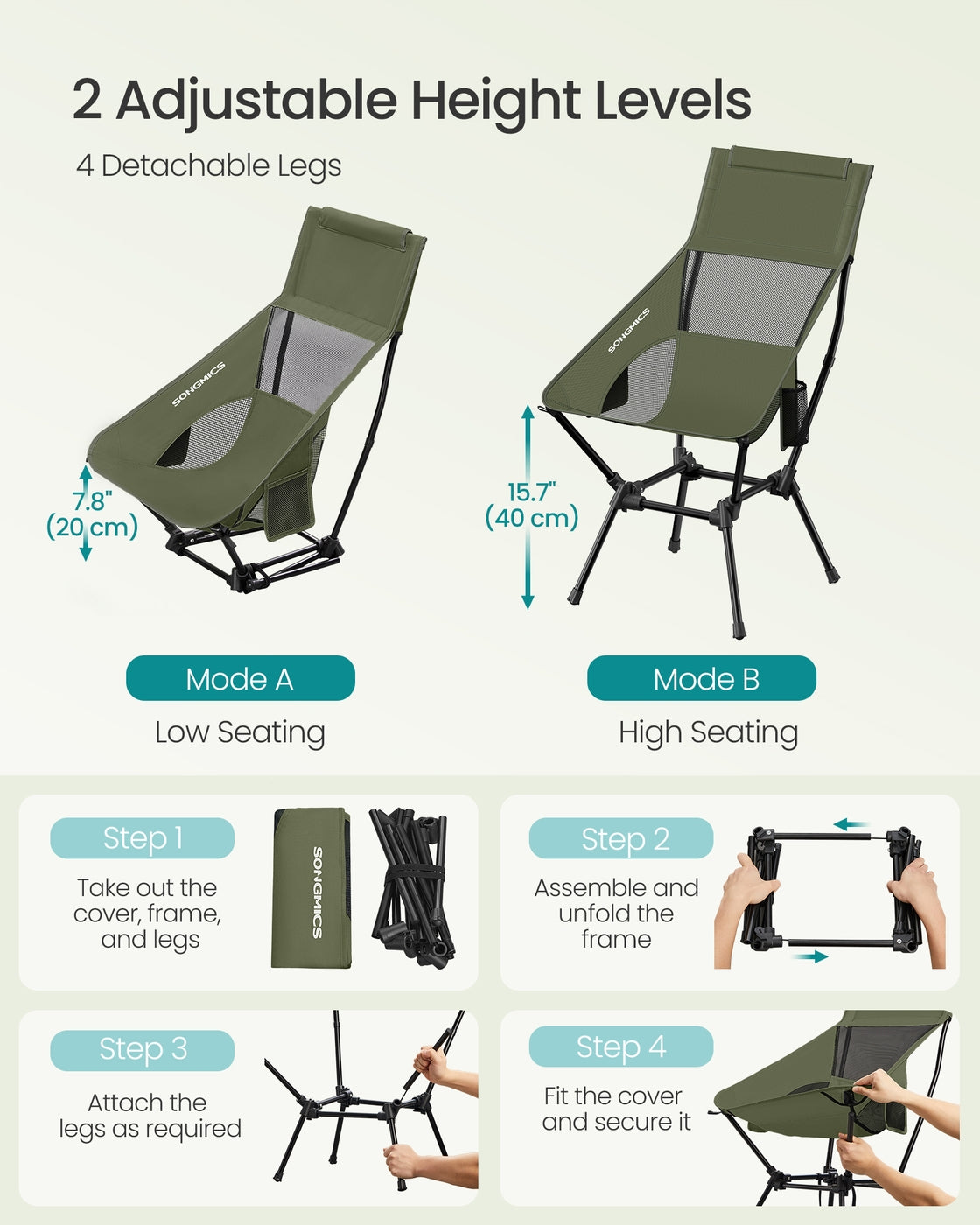 High Back Camping Chair Adjustable Height 2 Pockets - Plastic and Steel - Green