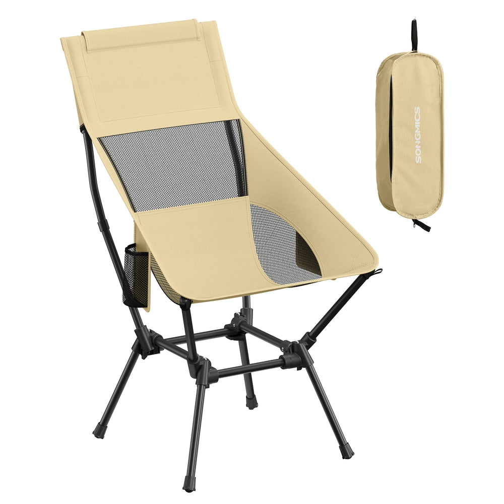 High Back Camping Chair Adjustable Height 2 Pockets - Plastic and Steel - Brown