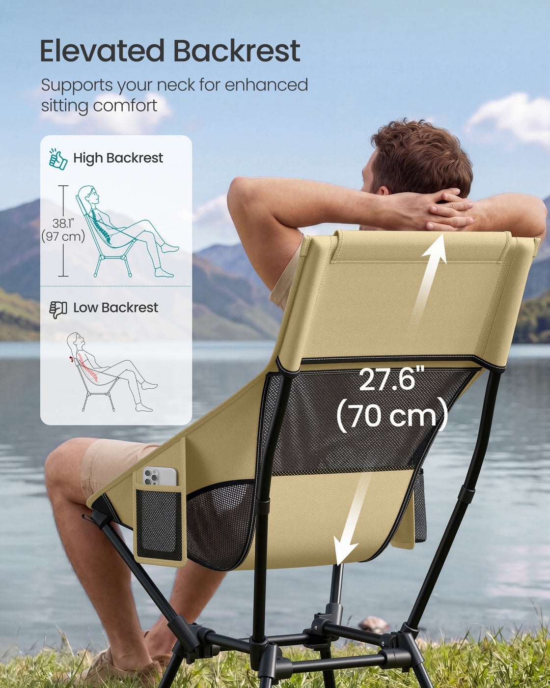 High Back Camping Chair Adjustable Height 2 Pockets - Plastic and Steel - Brown