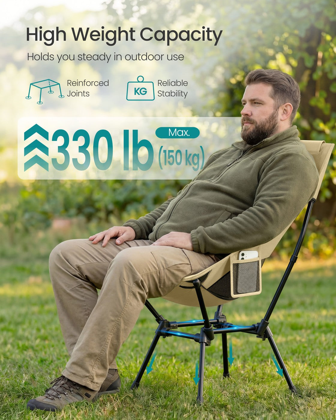 High Back Camping Chair Adjustable Height 2 Pockets - Plastic and Steel - Brown