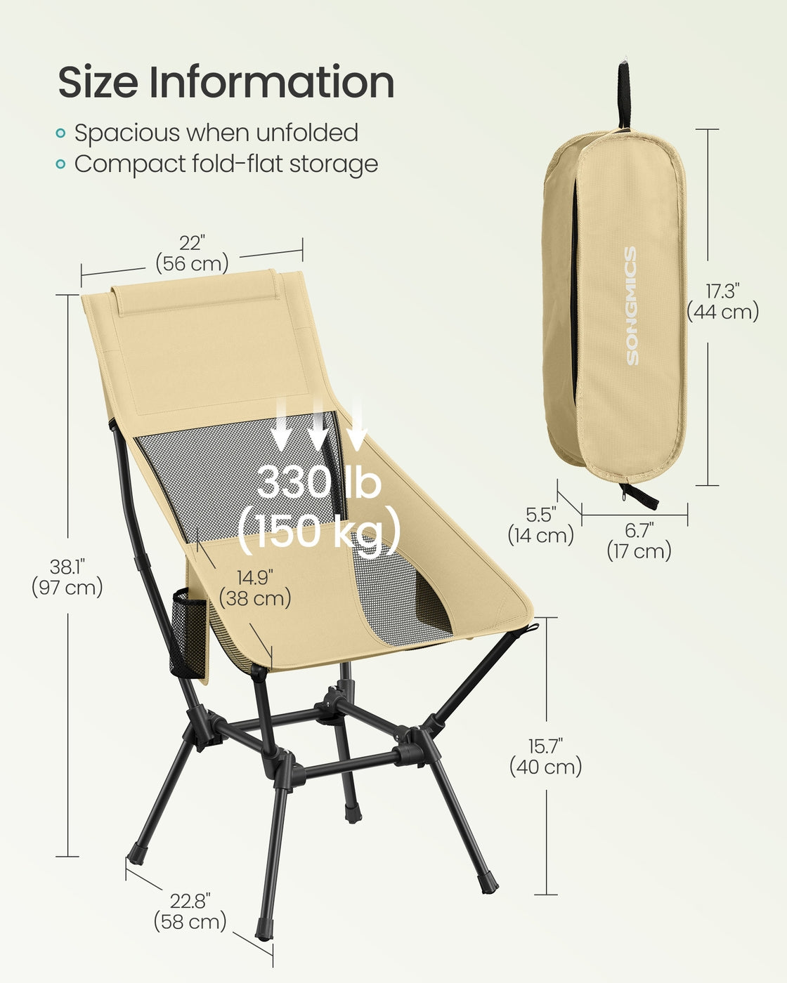 High Back Camping Chair Adjustable Height 2 Pockets - Plastic and Steel - Brown