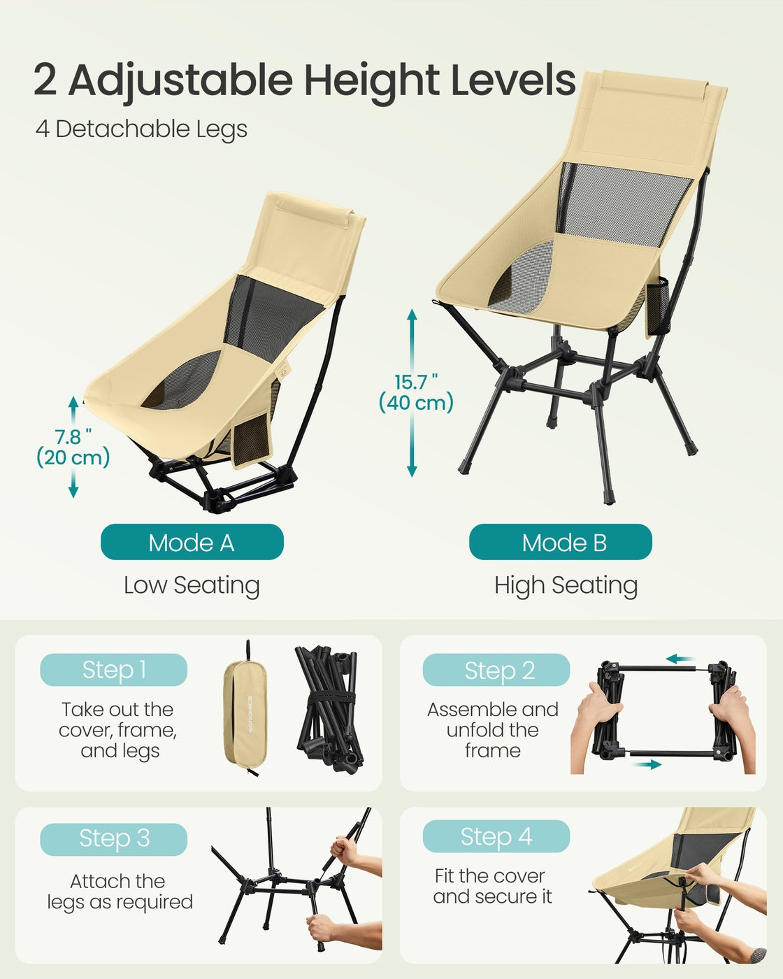 High Back Camping Chair Adjustable Height 2 Pockets - Plastic and Steel - Brown