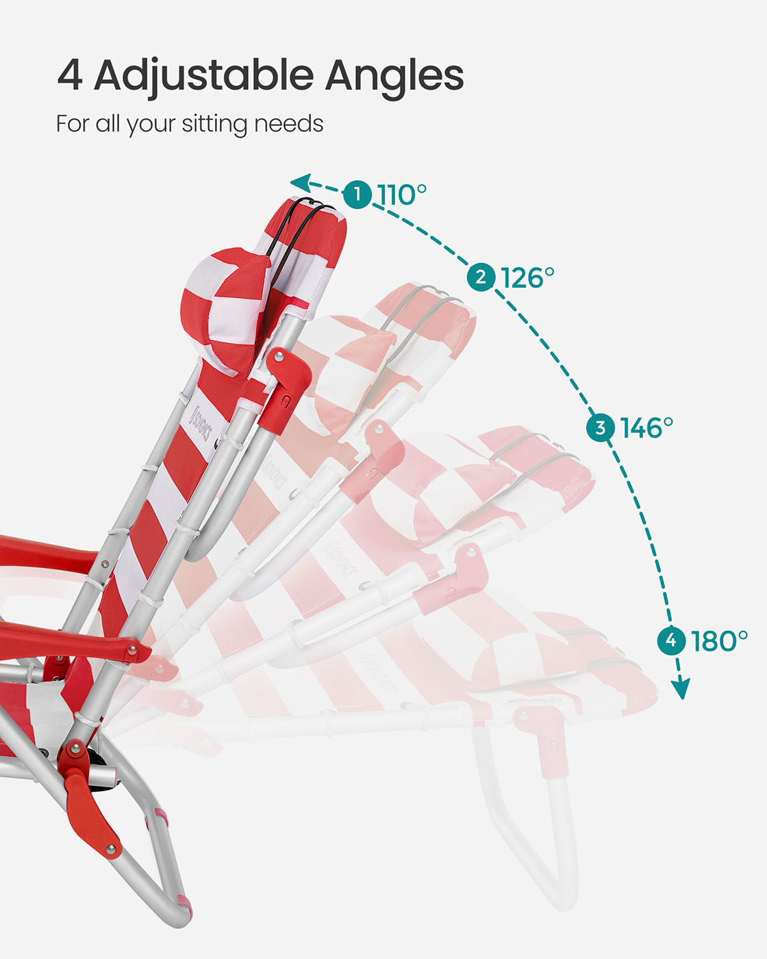 Folding Camping Chair - Aluminium - Red and White - Portable with Pillow and Reclinable Feature