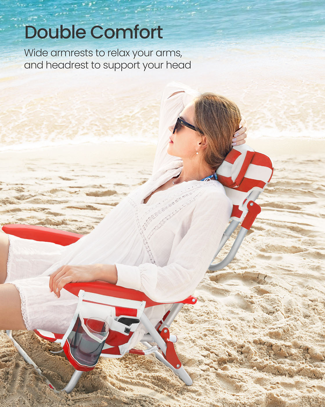 Folding Camping Chair - Aluminium - Red and White - Portable with Pillow and Reclinable Feature