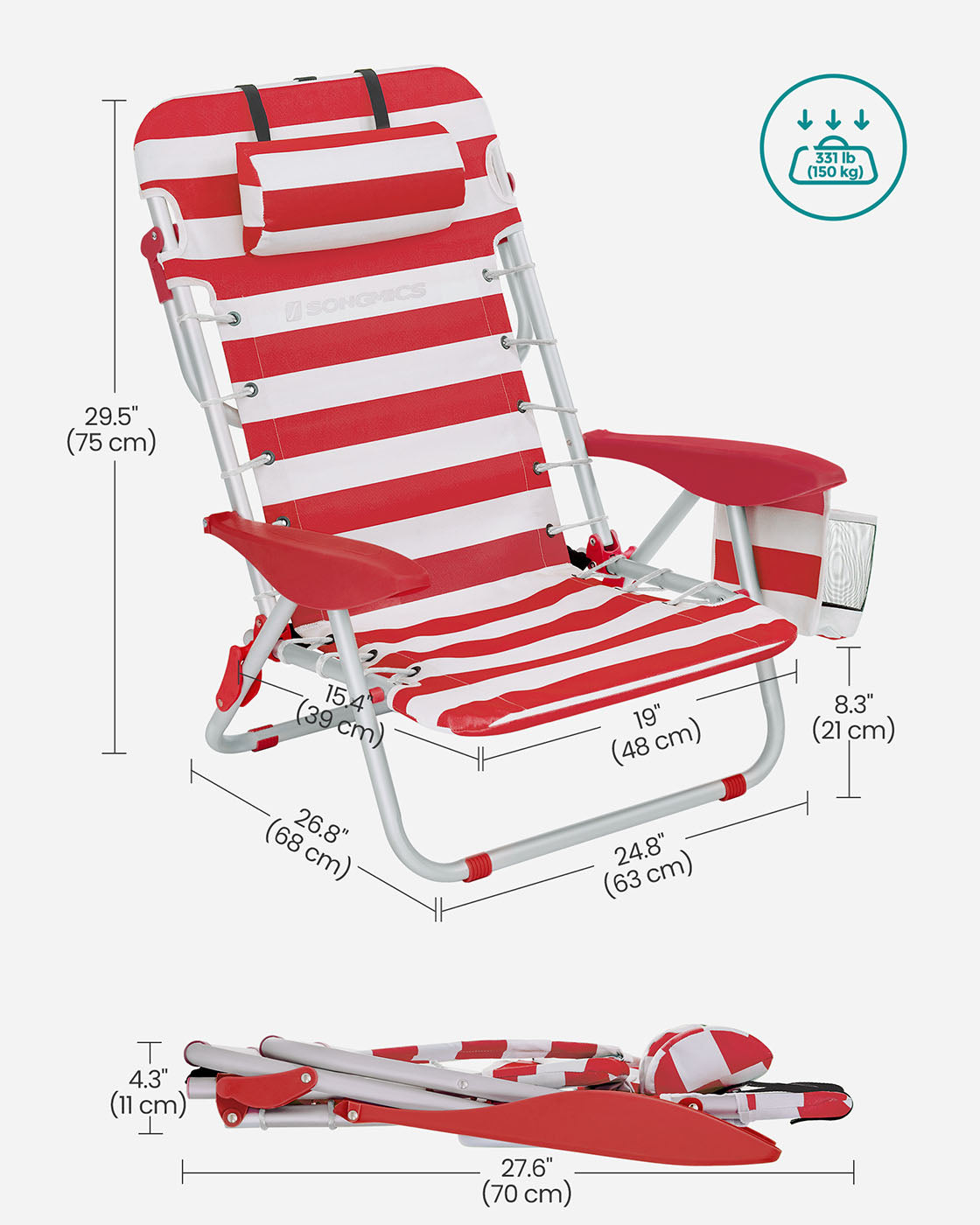 Folding Camping Chair - Aluminium - Red and White - Portable with Pillow and Reclinable Feature