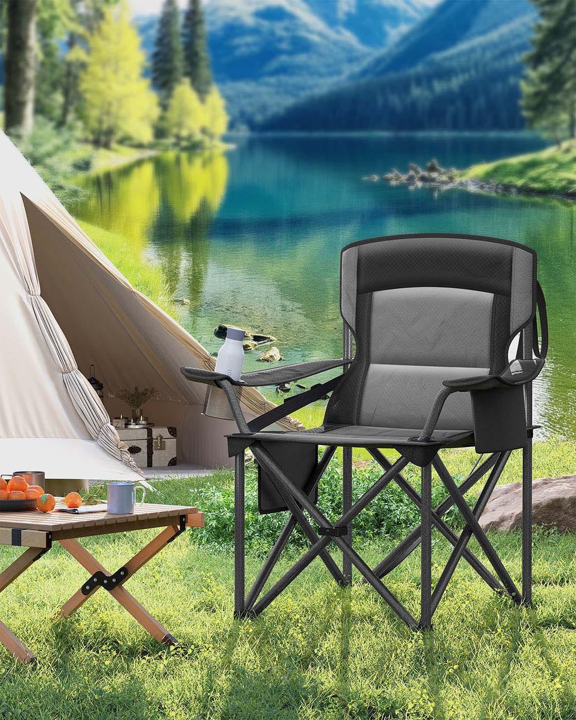 Folding Camping Chair - Foam - Ink Black - High Backrest with Cup Holder