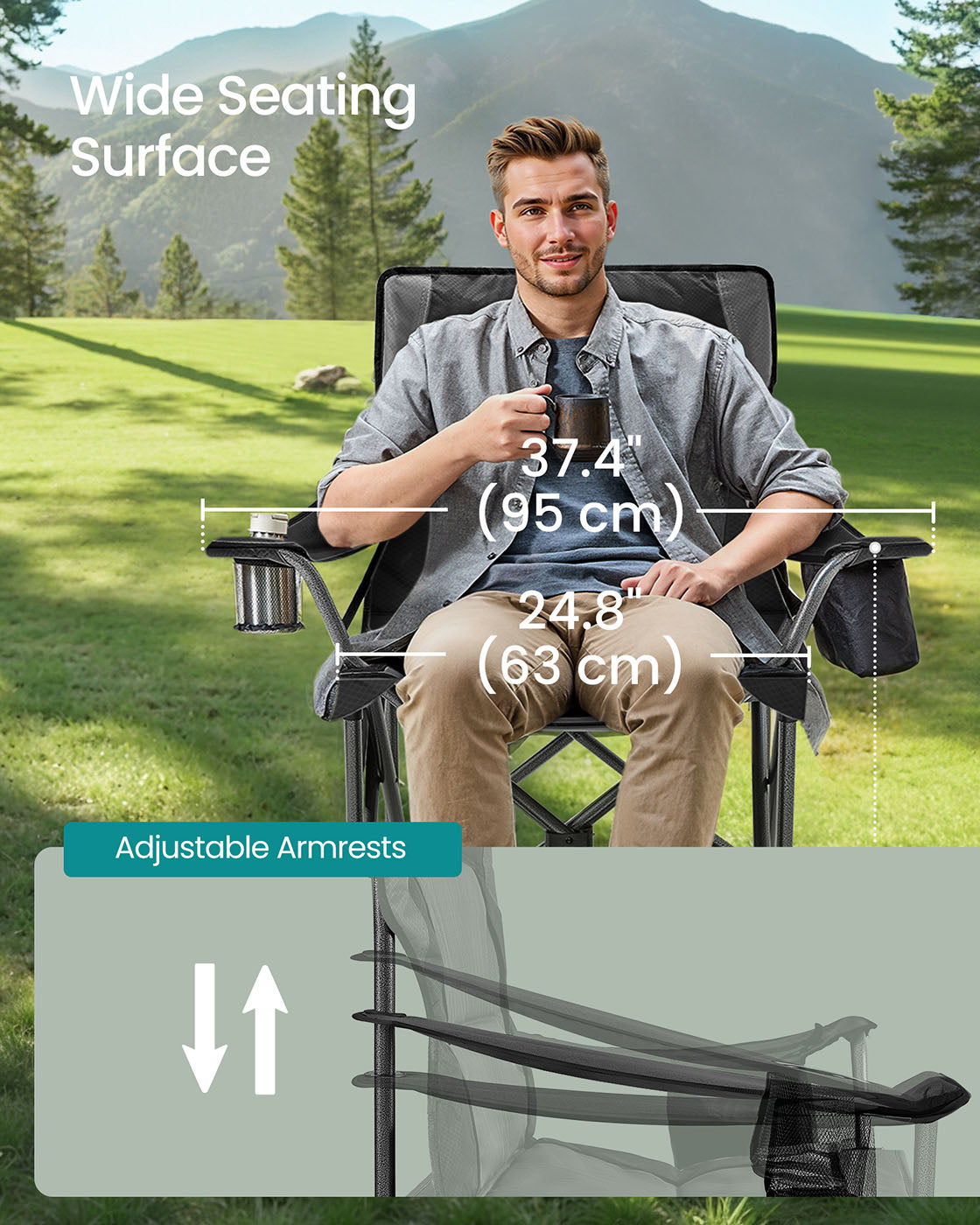Folding Camping Chair - Foam - Ink Black - High Backrest with Cup Holder