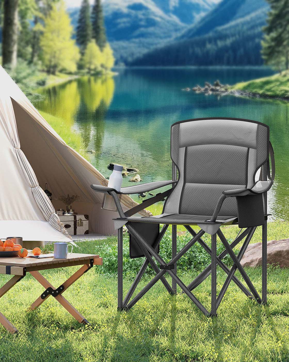 Folding Camping Chair - Foam Padding - Slate Grey - High Backrest with Cup Holder
