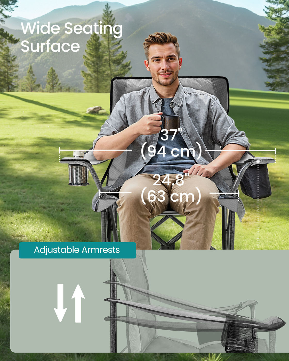 Folding Camping Chair - Foam Padding - Slate Grey - High Backrest with Cup Holder