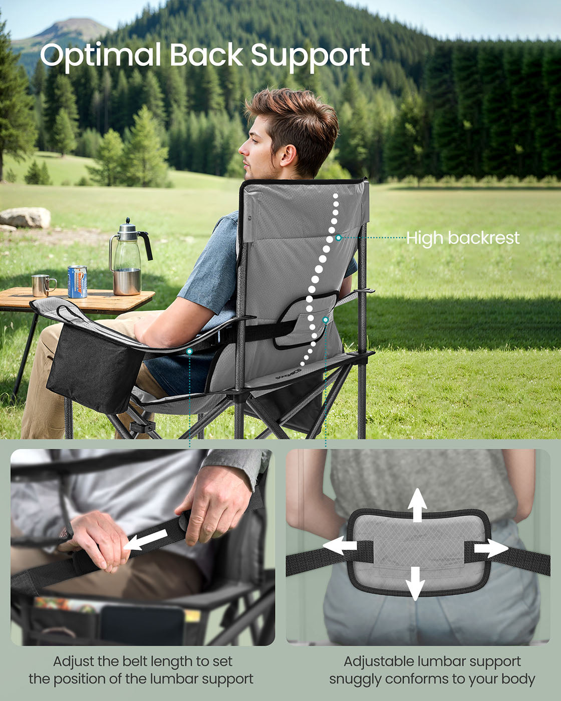 Folding Camping Chair - Foam Padding - Slate Grey - High Backrest with Cup Holder
