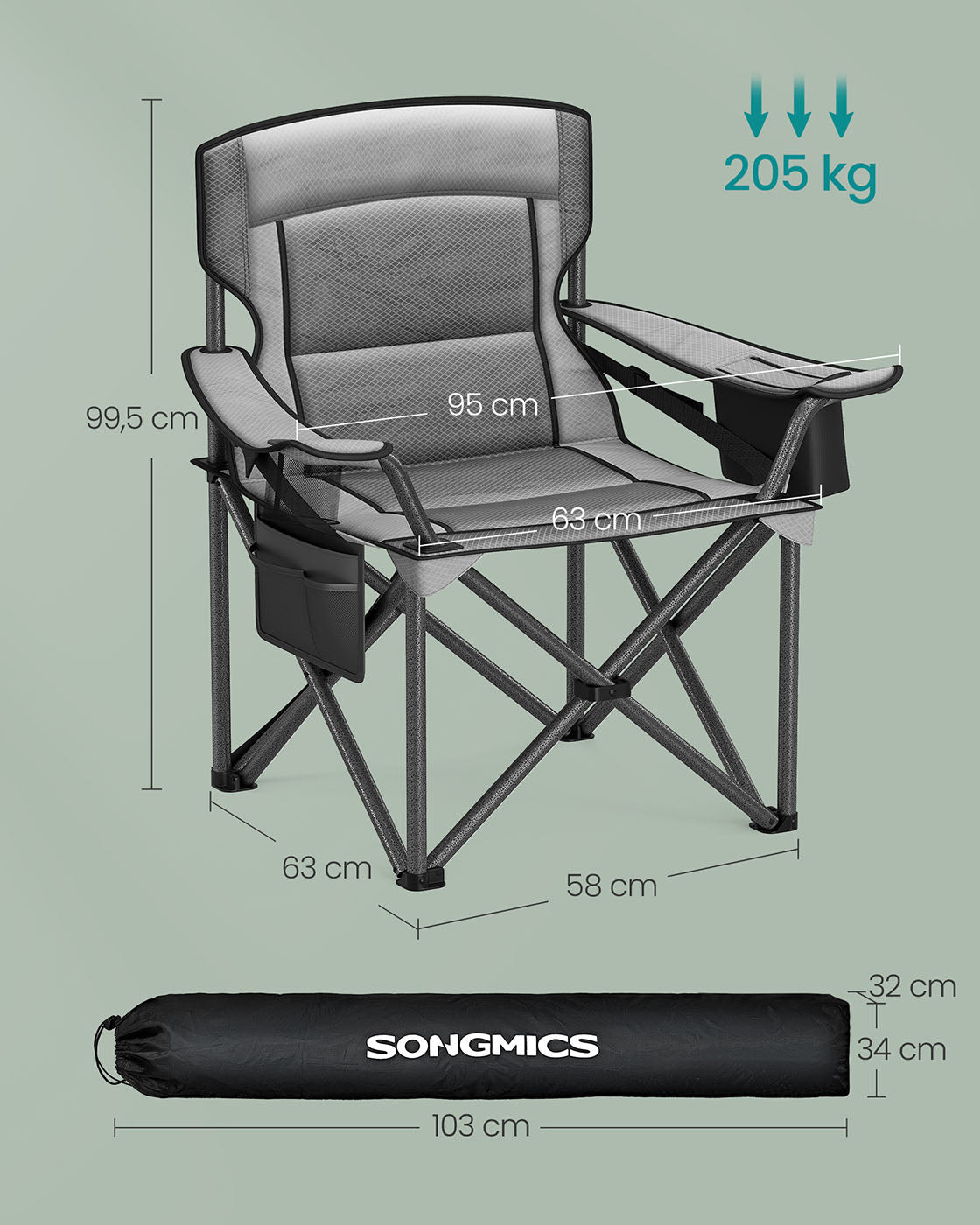 Folding Camping Chair - Foam Padding - Slate Grey - High Backrest with Cup Holder