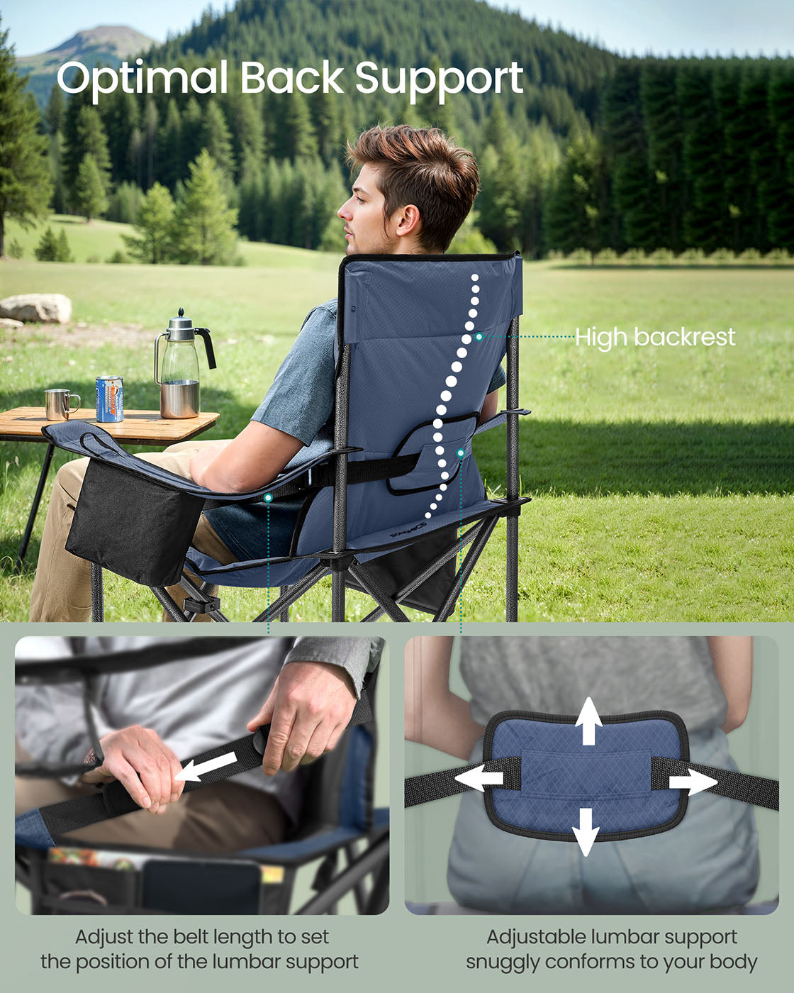 Folding Camping Chair - Foam Padding - Harbor Blue - High Backrest with Cup Holder
