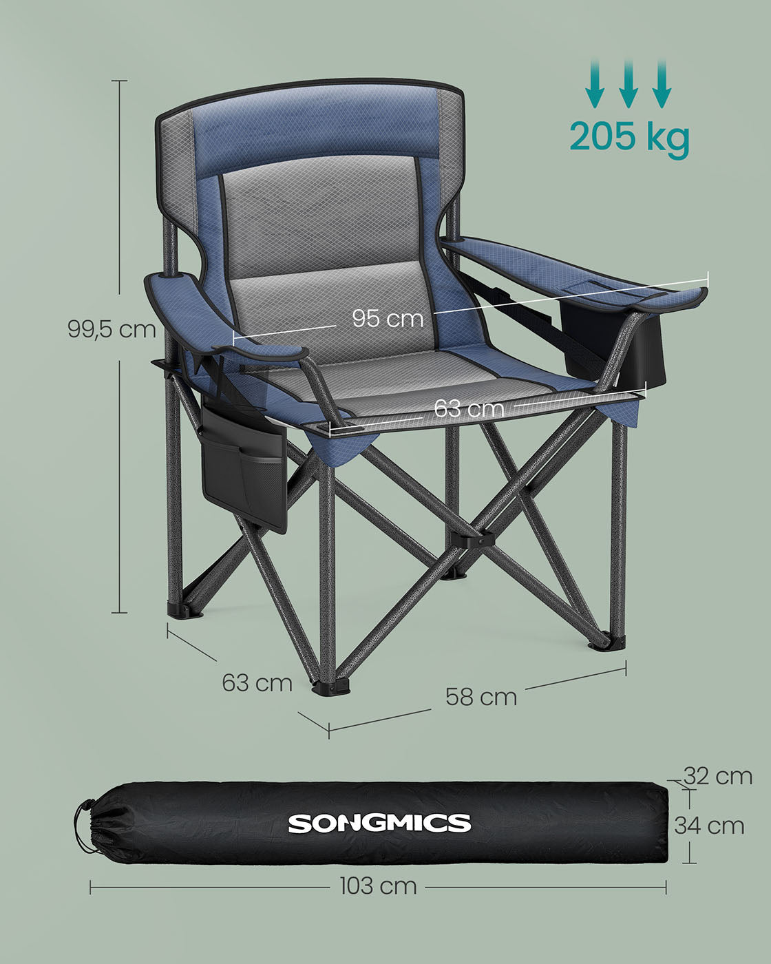 Folding Camping Chair - Foam Padding - Harbor Blue - High Backrest with Cup Holder