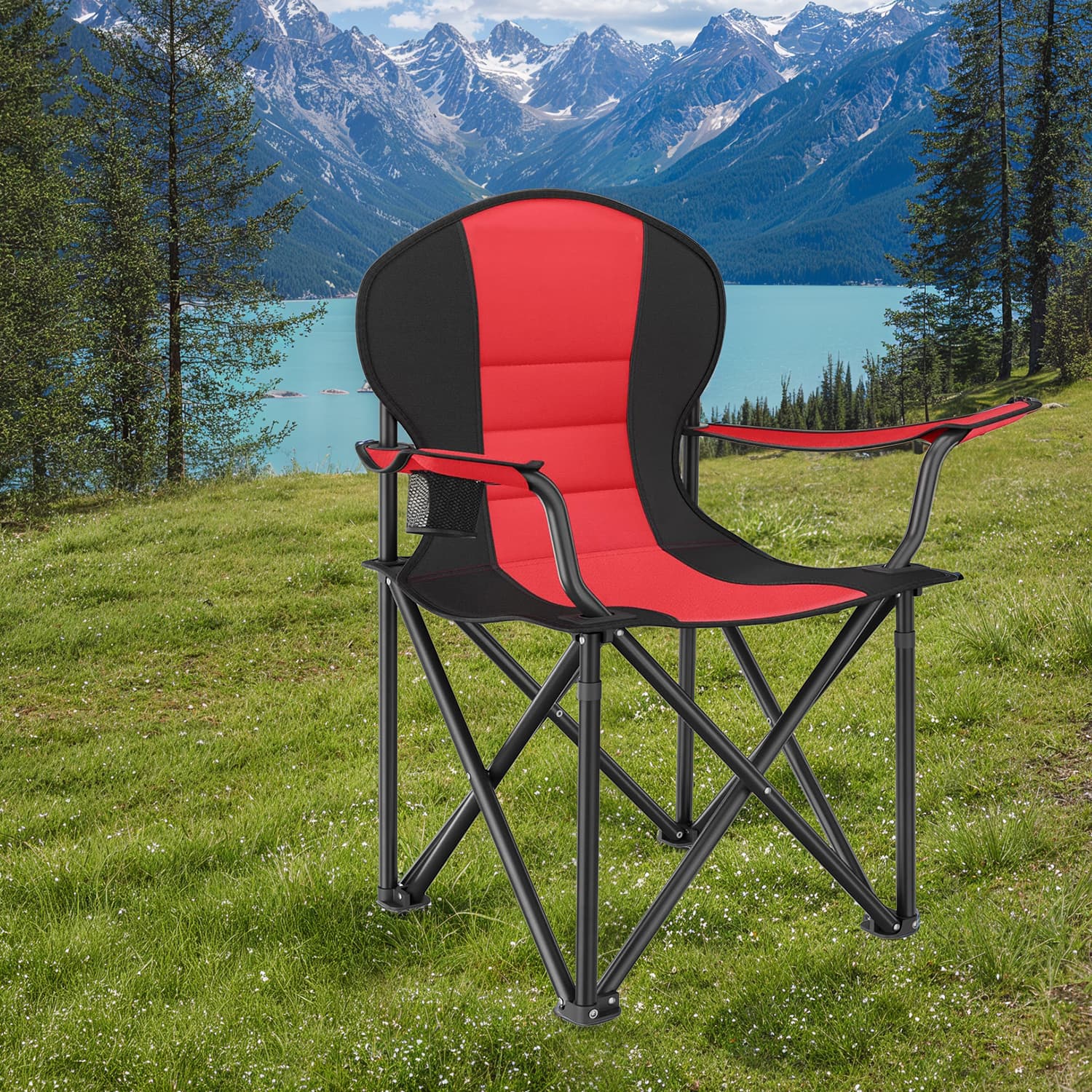 Folding Camping Chair - Heavy-Duty Metal - Grey and Black - Padded Seat with Cup Holder