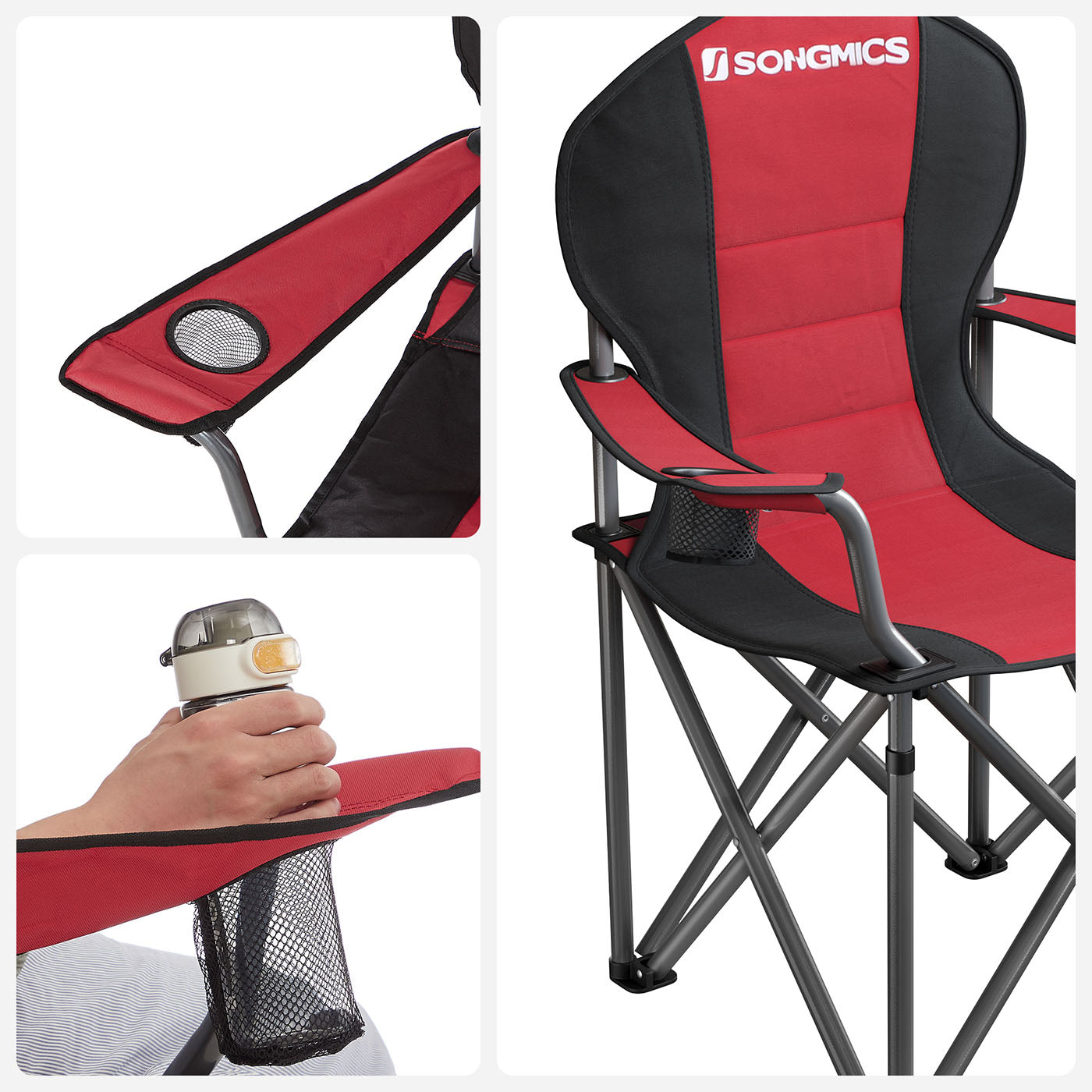 Folding Camping Chair - Fabric - Black - 250 kg Load Capacity with Cup Holder