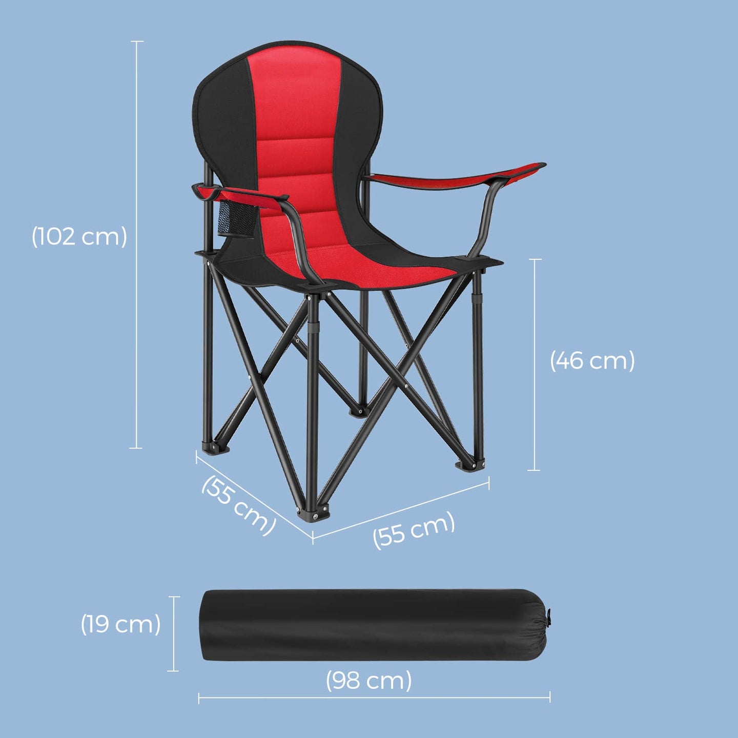 Folding Camping Chair - Heavy-Duty Metal - Grey and Black - Padded Seat with Cup Holder